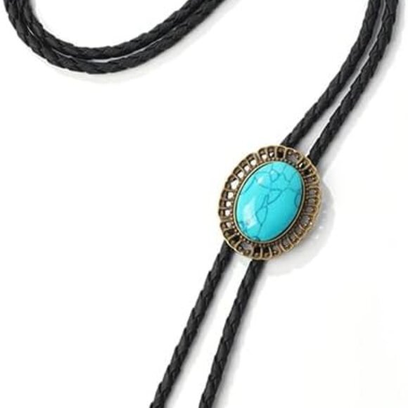 Western Cowboy Bolo Tie Men Leather Necktie Leather Cord Turquoise Stone Bolo Ti - Picture 4 of 6